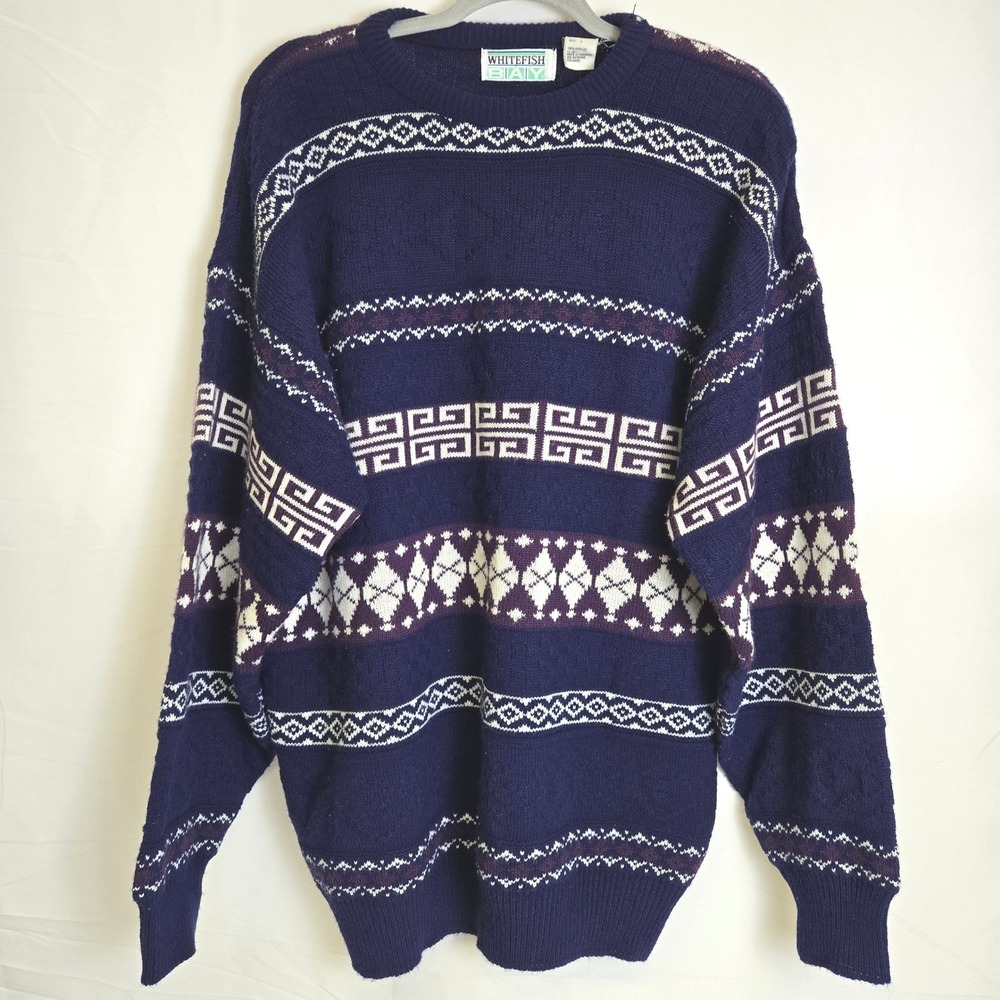 Whitefish Bay Geometric Stripe Patterned Crewneck Sweater, Blue, Vtg, Large